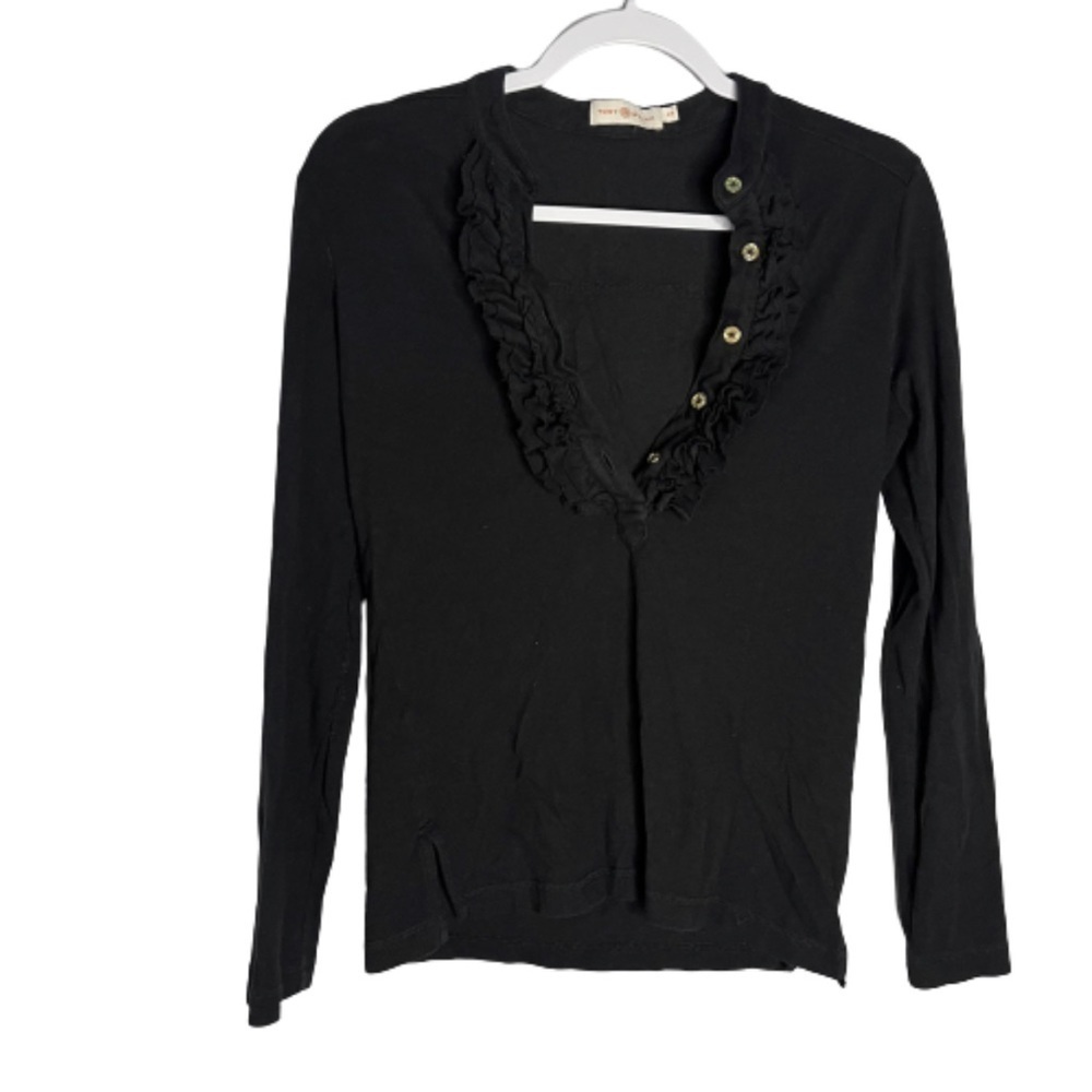 Tory Burch Black Ruffle Neck Shirt Size S Small Long Sleeve.